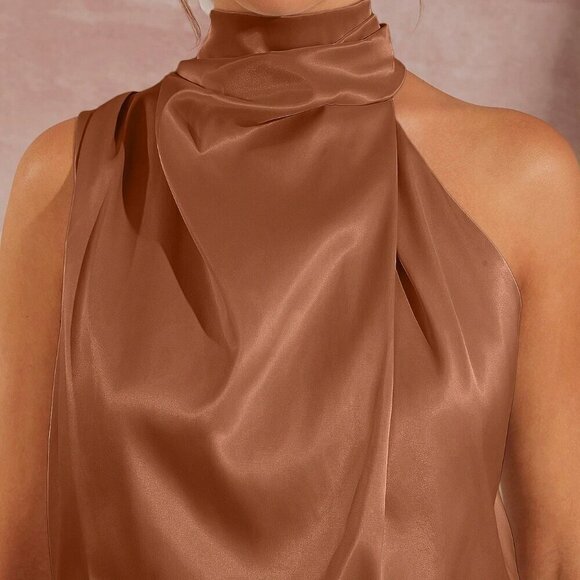 Brown Elegant Women's Asymmetrical Mock Neck Draped Front Satin romper - Picture 4 of 6